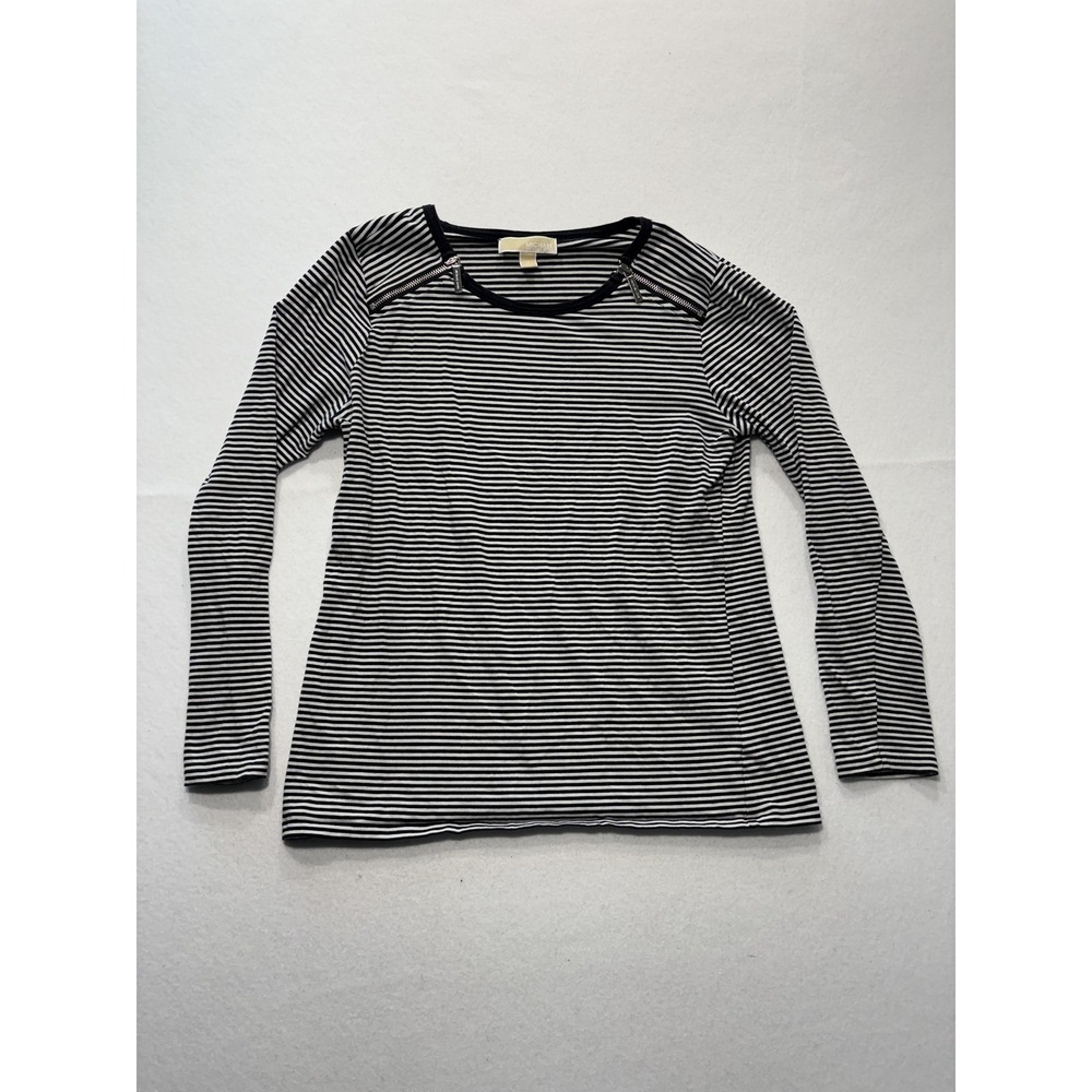 MICHAEL Michael Kors Shirt Womens Large Black Stripe Zip Shoulder Long Sleeve